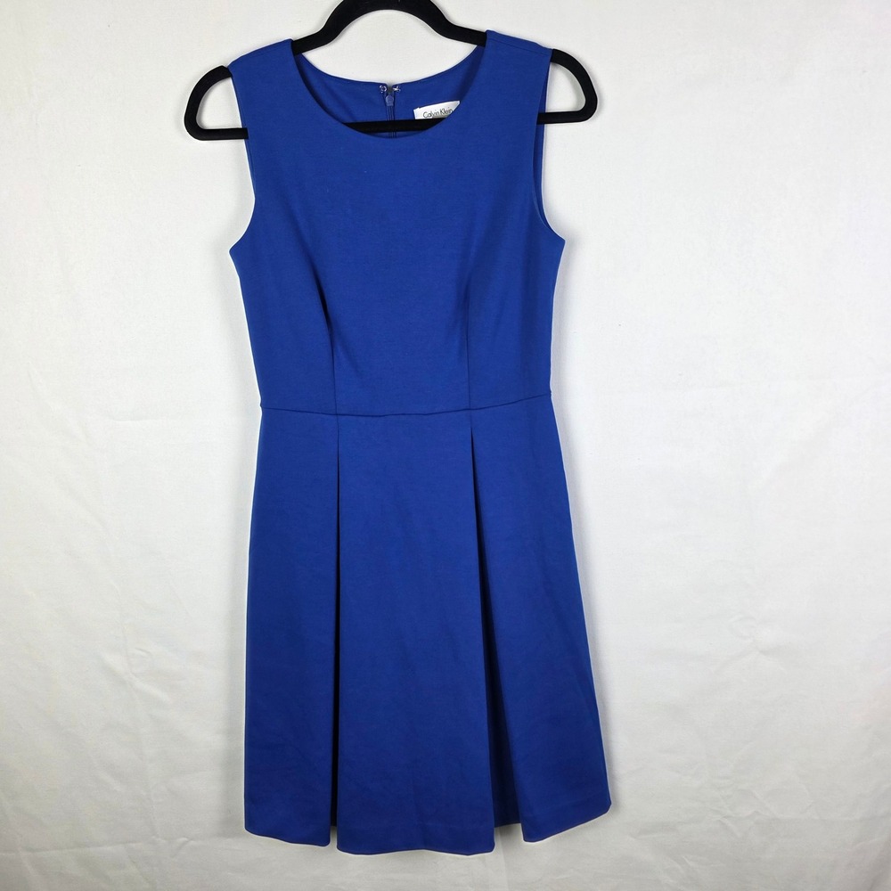 Calvin Klein Womens Royal Blue Sleeveless Fit and Flare Pleated Scuba Dress 2